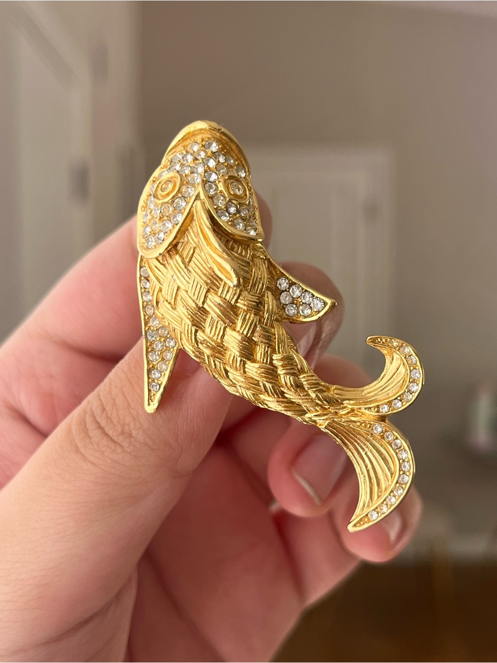 Authentic Vintage Dior Rare Fish Goldfish Koi Rhinestone Braided Gold Brooch Pin